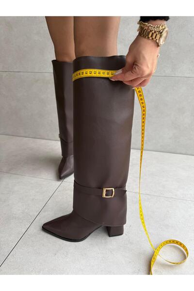 Elvinin Tarzı Kelly Acı Kahve Deri Renk Kemer Detaylı Sök Tak XL Bot Çizme