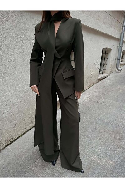 Julidress طقم مكون من 3 قطع فاخر: سترة كاكي مزدوجة الصدر بحزام عند الخصر وبنط...