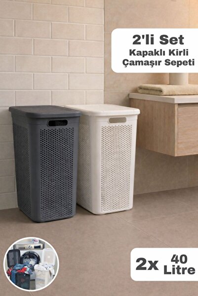 Funny Life 2'li Kirli Çamaşır Sepeti Seti 40 Litre - Kapaklı - Delikli - Slim Kirli Sepeti Banyo Organizer