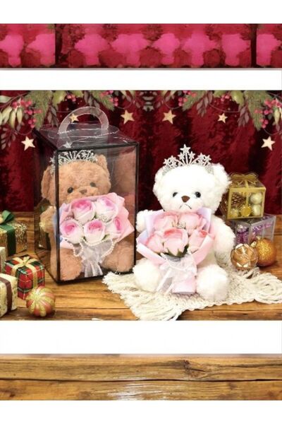 By Rozane : Teddy bear arrangement with soap flowers in a box 17x17x28cm – el...