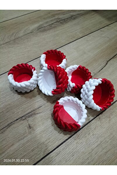 6 Adet Örgü Desenli Tealight Mumluk Seti – Kirmizi Beyaz (El yapımı)