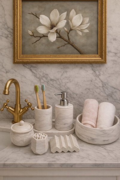 lufen deco Mermer Desenli Beton 7'li Banyo Wc Seti Sıvı Katı Sabunluk Havlulu...