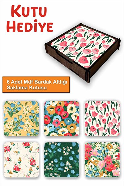 UNT Set of 6 Mdf Coasters with Storage Box – Floral Theme