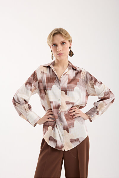 Moda Days Cămașă din satin cu model, cu manșete largi, maro-ecru