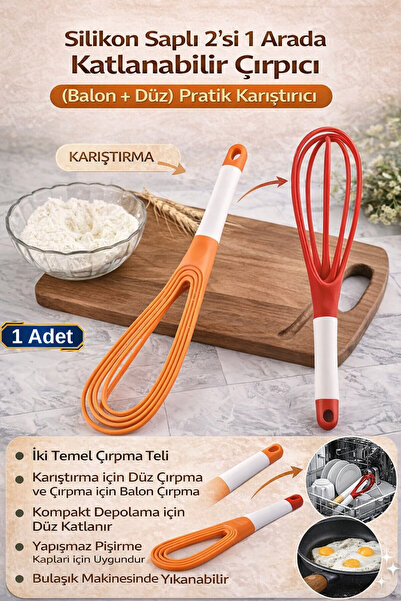 Hane Dostu Silikon Saplı 2’si 1 Arada Katlanabilir Çırpıcı (Balon + Düz) Prat...