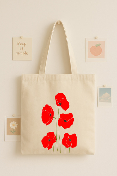 Maki Craft Kırmızı Gelincik Çiçek Baskılı Bez Çanta – Pamuk Tote Bag