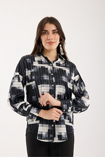 Moda Days Black-White Patterned Satin Shirt with Wide Cuffs