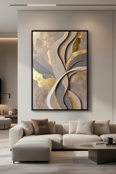 hollywest Lüks Altın & Bej Soyut Duvar Sanatı | Modern Çerçeveli Tablo