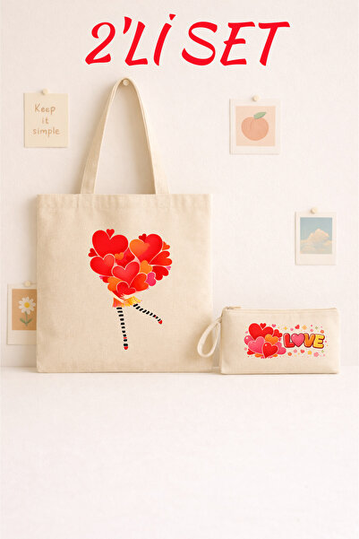 Maki Craft KALP DESENLİ BEZ ÇANTA VE KALEMLİK İKİLİ SET