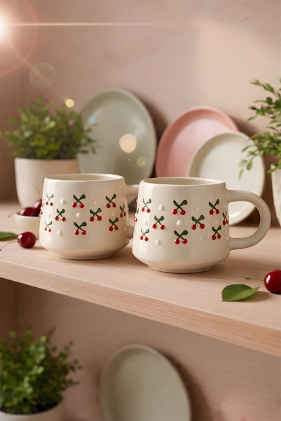 YasBey DESIGN El Yapımı 2’Li Kiraz Desenli Porselen Kupa Bardak