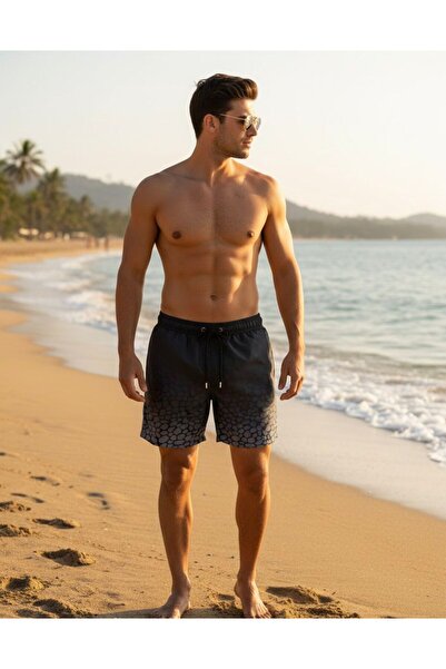 İLBESSPORT Erkek Siyah Benekli Deniz Şortu