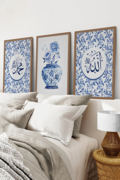 kutuTR Kahverengi Ahşap Çerçeveli 2DUV Baskı 3lü MDFTablo–Beyaz Çini Desen Çi...