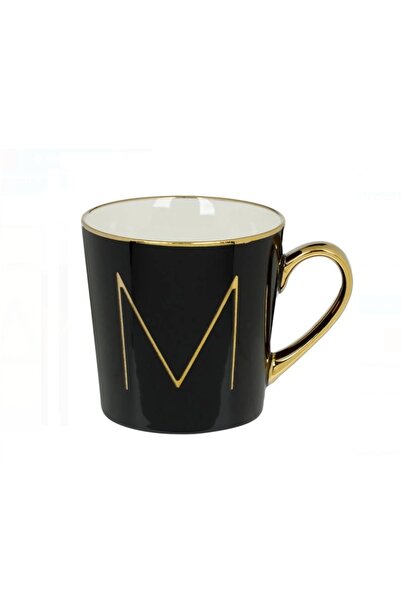 OEM New Bone Black Mug with Gold Letter M & Gold Handle, 10 x 10 cm, 460ml