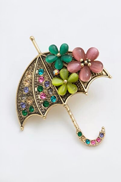 model aksesuar Renkli Taşlı Çiçek Detaylı Şemsiye Broş