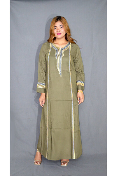Zainah Embroidered Neck Jalabiya Modest Dress - Long Sleeve Viscose Polyester...