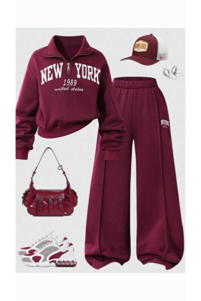 VESTIR BIEN New York Baskılı Unisex Çocuk Alt Üst Takım Dikiş Detaylı Bordo Ü...