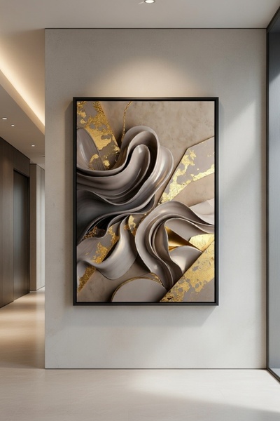hollywest Lüks Bej & Altın Kıvrımlı Form Duvar Sanatı | Modern Çerçeveli Tablo