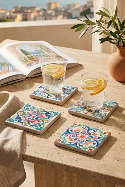 Baumatelier Vintage Italian Blue Tile Pattern Natural Stone Travertine Coaste...