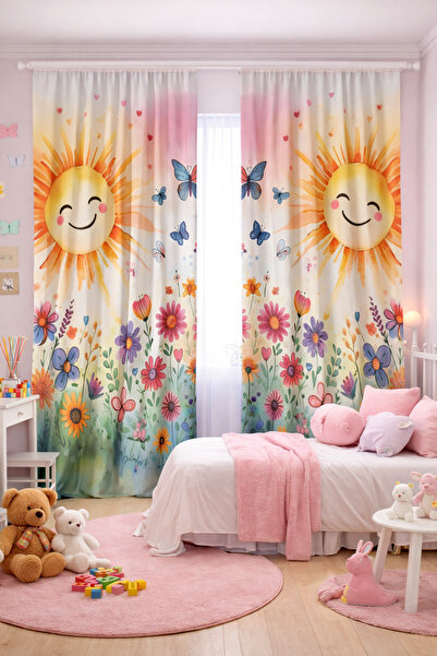 Bebişim Halı ستارة خلفية لغرفة الأطفال بتصميم مزدوج الأجنحة مع زهور مبتسمة ون...