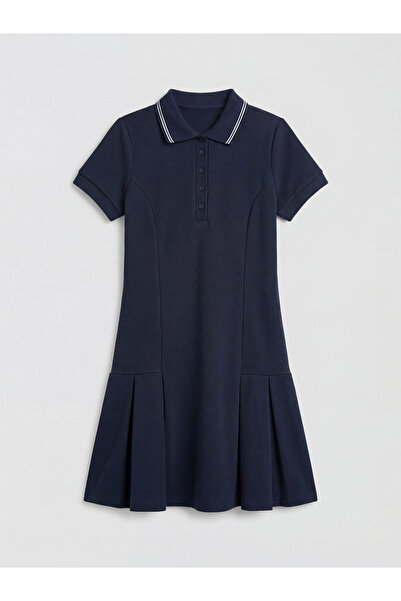 LC Waikiki LCW Kids Lacivert Pileli Polo Yaka Kız Çocuk Elbise