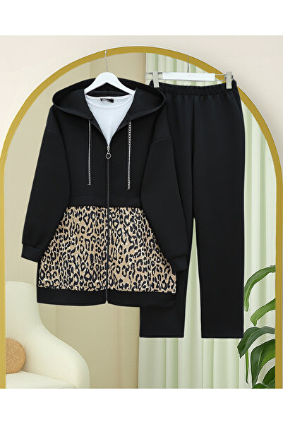 Modamorfo Chain Detailed Hooded Leopard Patterned Scuba Set - Black