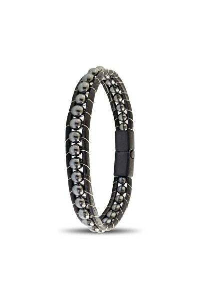 FM 6mm Hematite Stone Leather Cord and Steel Bracelet 31832B2D6M3