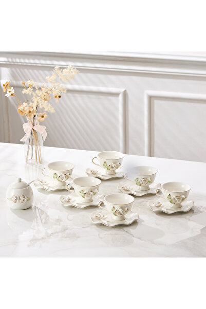 Malooki Set of 6 porcelain coffee cups with saucers and sugar bowl, 180 ml - ...