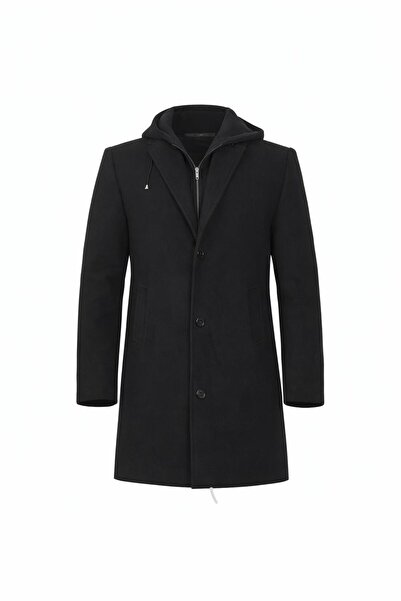 RUVEN TEKSTİL Kaşe Hooded Long Coat with Zipper and Buttons on the Front _340