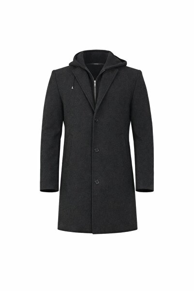 RUVEN TEKSTİL Men's Stamp Hooded Long Coat with Front Zipper and Buttons 340