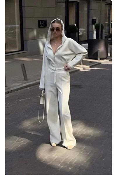 MODA ZERAFİNA Kadın Dantel Işlemeli Kapüşon Detay Hırka Ve Ispanyol Paça Pant...