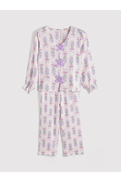 LC Waikiki V-Neck Bow Patterned Women's Pajama Set (S6)