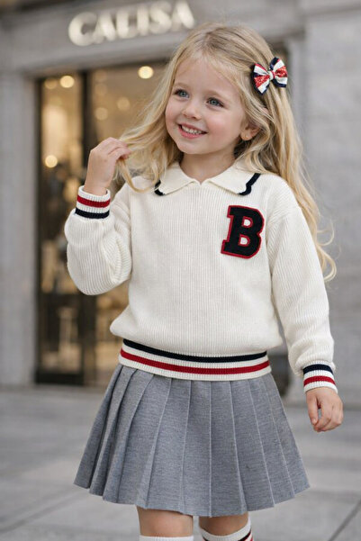 CALİSA Girl's Knitwear Pleated Skirt Set |   College Style |   Long Sleeve Kn...