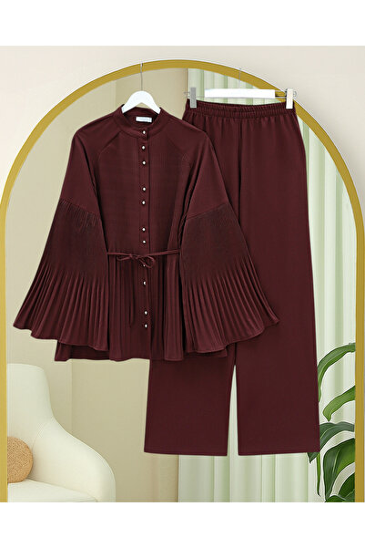 Modamorfo Piliseli High Collar Buttoned Crepe Suit - Burgundy