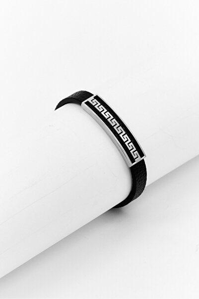 Steeltime Men Leather Id Bracelet With Greek Key Accents, Black