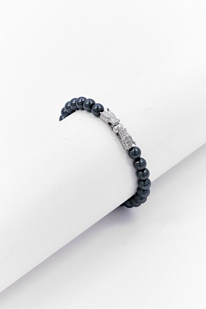 Steeltime Men Hematite Beads And Stainless Steel Dragon Accents Bracelet, Black