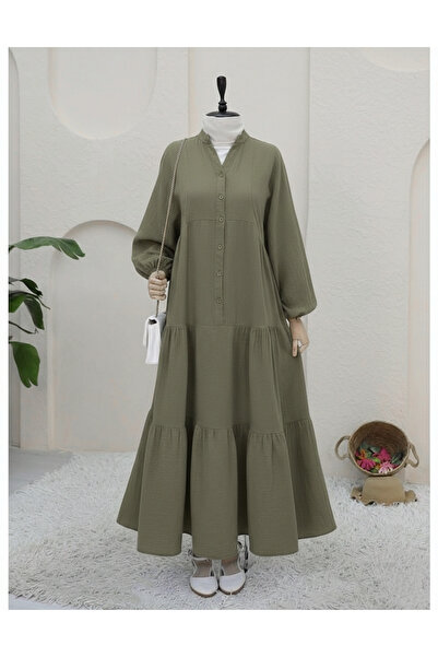 Modamorfo V-Neck Half Buttoned Elastic Sleeves Muslin Dress - Khaki