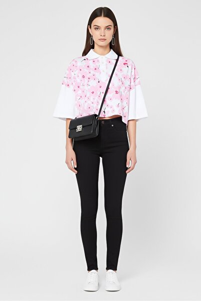MSGM Women Spread Collar Floral Pattern Short Sleeve Crop T-Shirt, Multicolor