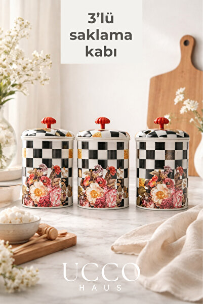 UCCO 3-Piece Tea, Sugar, Coffee Storage Container 1.5 Liter Checkered Floral ...
