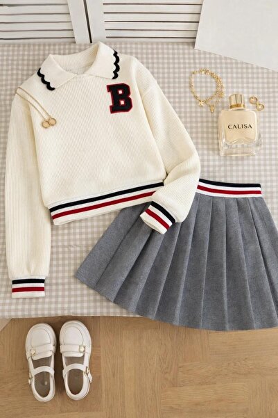 CALİSA Girl's Knitwear Pleated Skirt Set |   College Style |   Long Sleeve Kn...