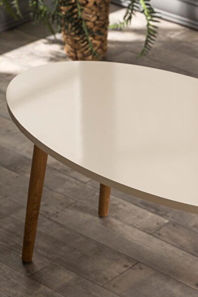 Sepetink Orta Sehpa Ahşap Torna Ayak Elips Krem