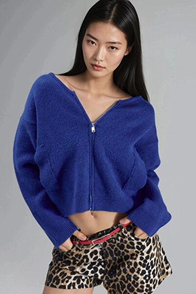 Hiccup Pulover MY FASHION cu decolteu în V, cu fermoar și tricotaj reiat