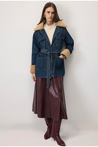 Touche Kürk Garnili Denim Ceket Koyu Denim