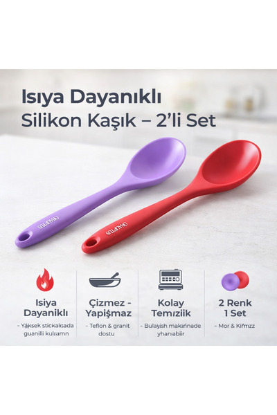 Single ( 4 Adet ) 28 Cm İsıya Dayanıklı Yanmaz Yapışmaz Silikon Derin Kaşık Seti