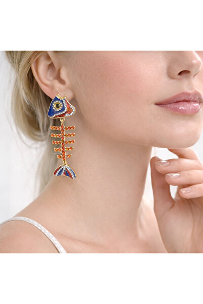 naaksesuar Brand Model Colorful Stone Fish Skeleton Gold Earrings