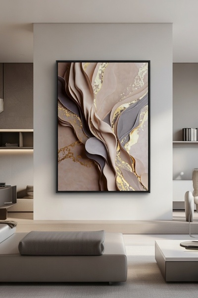 hollywest Lüks Bej & Altın Soyut Duvar Sanatı | Modern Çerçeveli Tablo