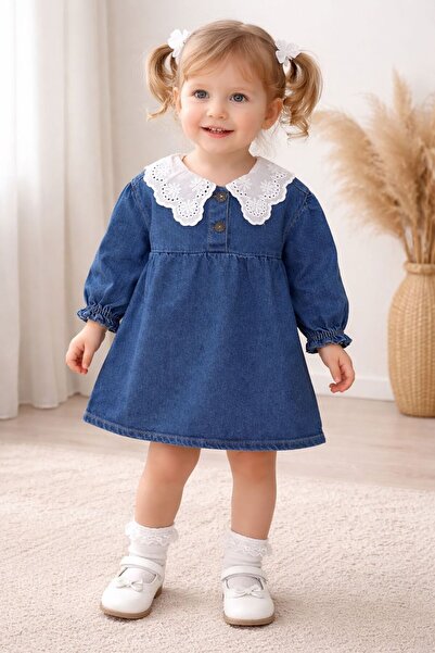 Bebekhane Dantel Fisto Yaka Kız Çocuk Kot Elbise