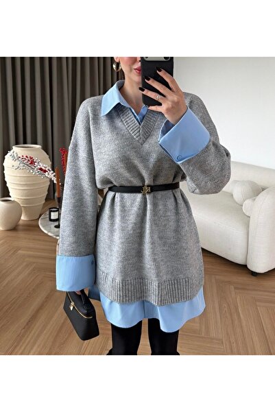 Burcia Long Sweater with Shirt Detail