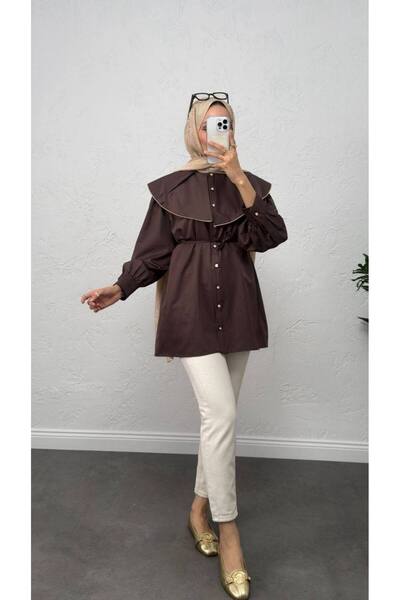 Burcia Lace-Up Waist Detail Hijab Tunic Shirt with Collar Detail