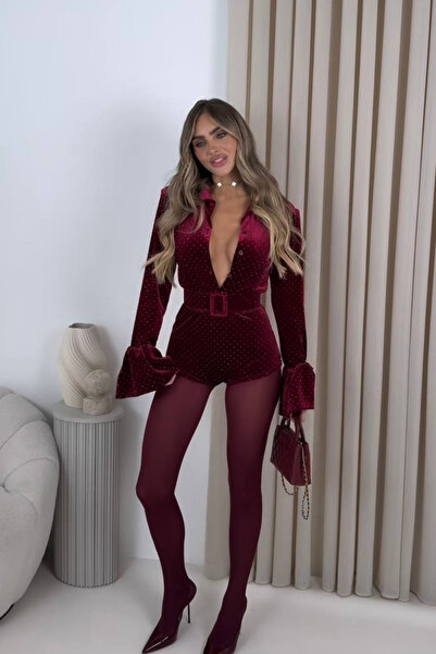 Love Fab Gömlek Yaka Taşlı Kemerli Kadife Bodysuit Model Tulum