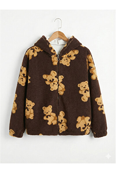 Namaste Vintage Brown Teddy Bear Patterned Oversized Fleece Hooded Sweatshirt...